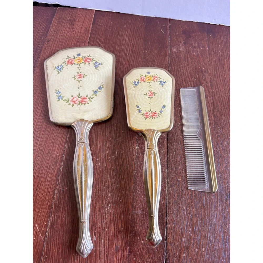 Vintage Floral Guilloche Vanity Set Hand Mirror Brush Comb Gold Tone 3pc